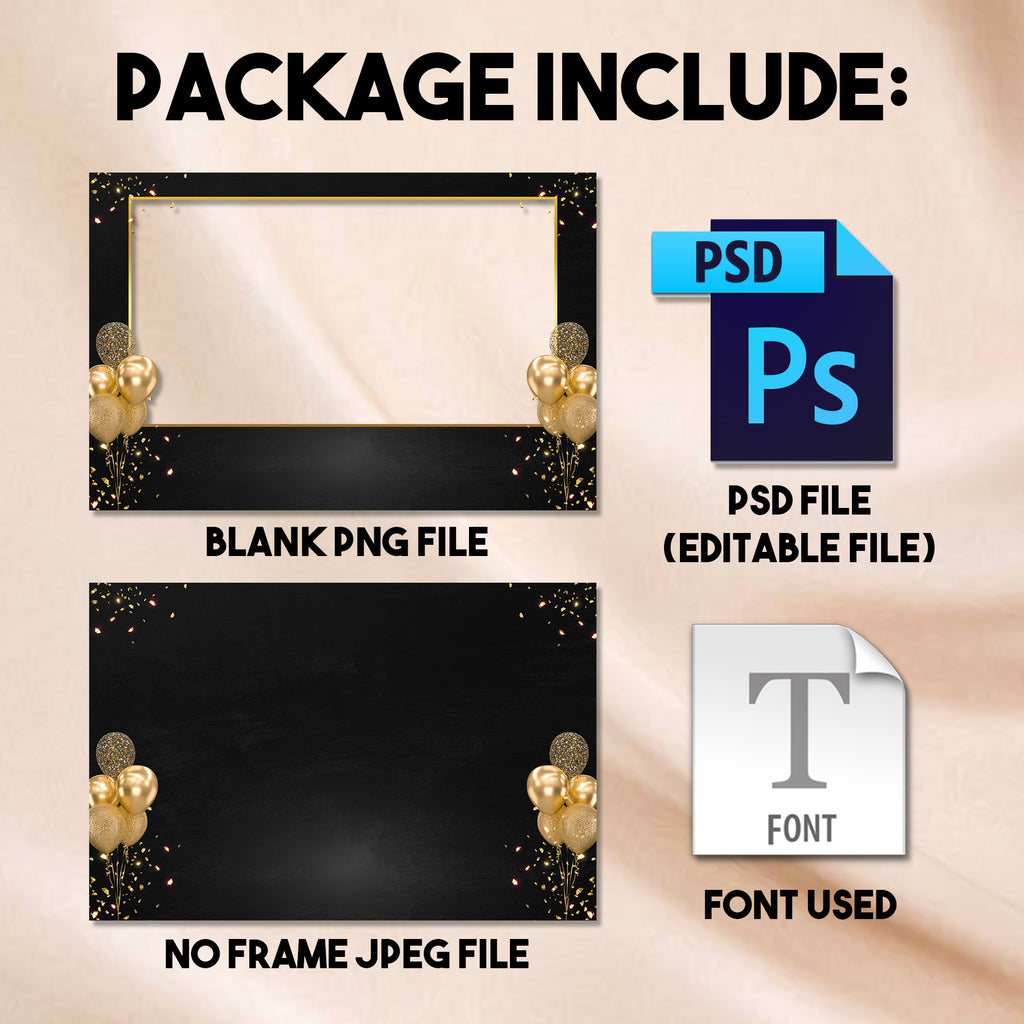 50th Birthday Photo Booth Template | Landscape Layout | Black & Gold Diamond Design, Editable Photoshop Template