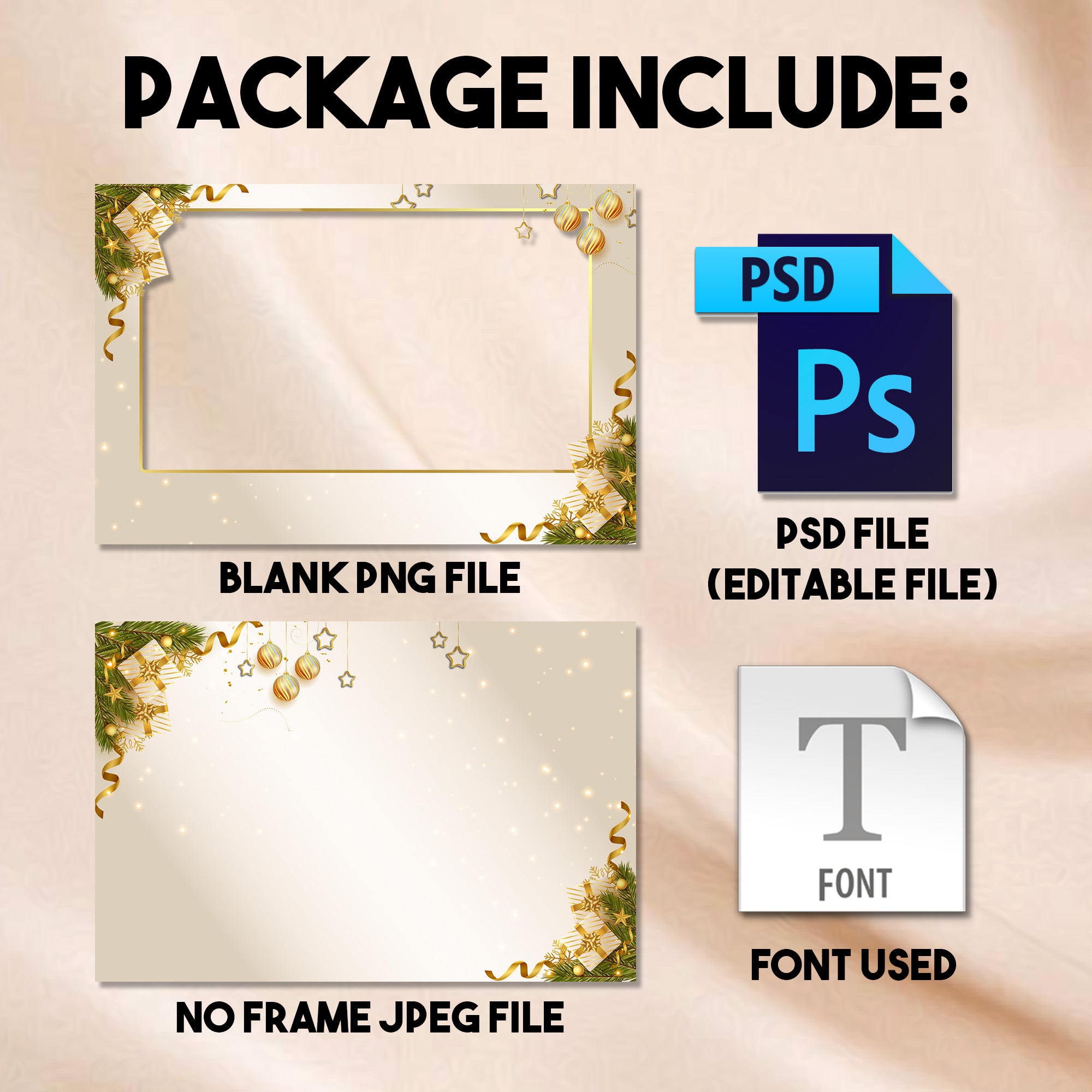 4x6 landscape Merry Christmas photo booth template preview with ivory and gold background