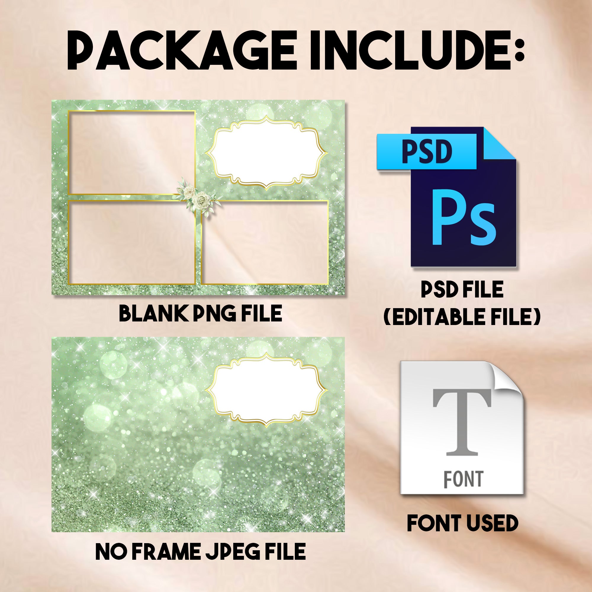 Quinceañera Photo Booth Template | Sage Green Glitter & Gold Crown Design | Editable Quinceanera 3-Photo Strip | Instant Download Photoshop Template