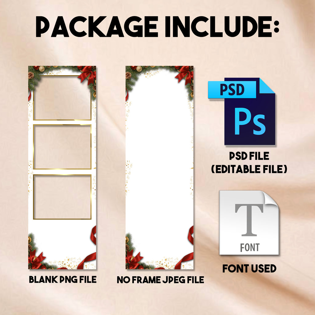 2x6 Christmas photo booth strip template mockup with Holiday Party gold script text