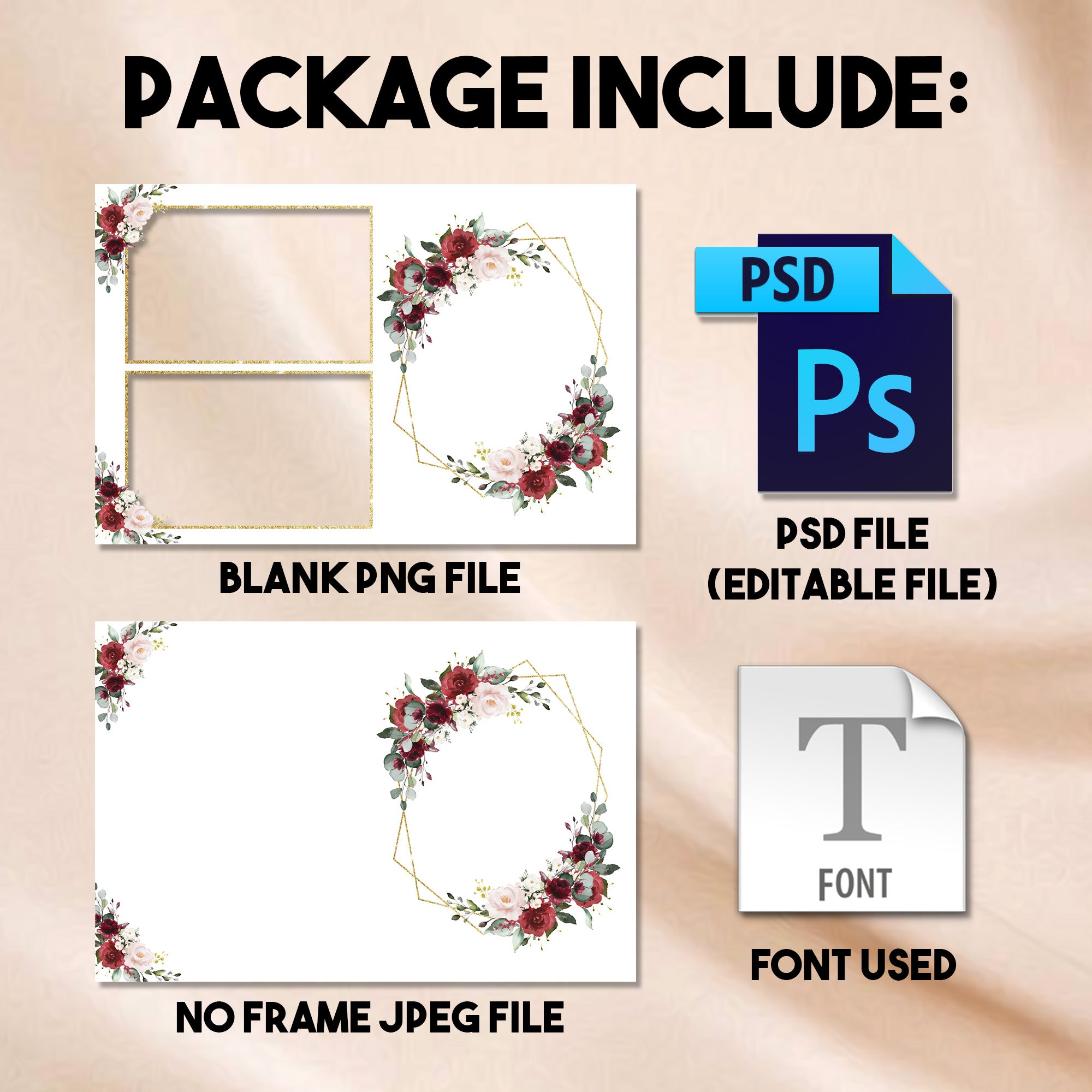 Burgundy Floral Wedding Photo Booth Template | 2-Photo Layout | Editable Photoshop Template, Instant Download