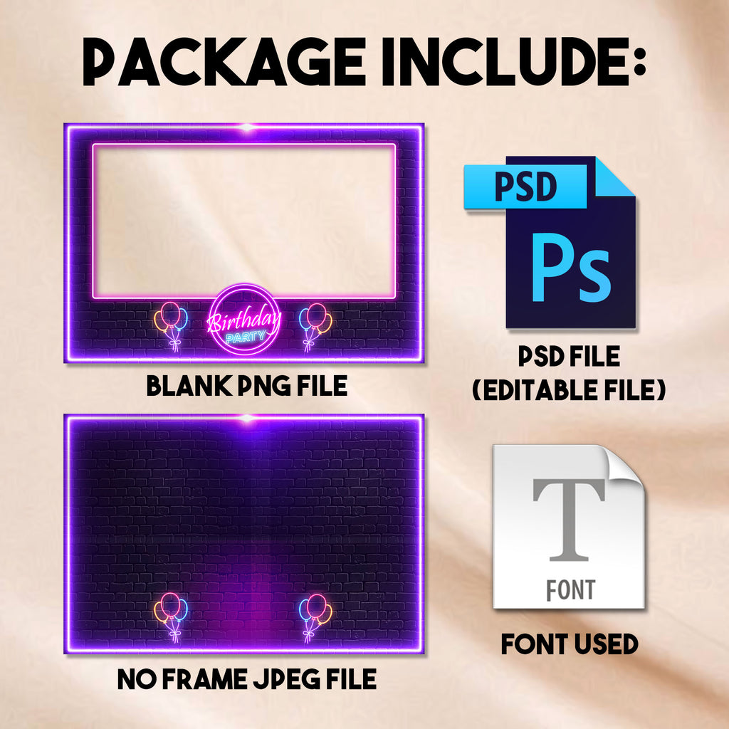 Neon Birthday Photo Booth Template | Landscape Layout | Editable Photoshop Template, Instant Download