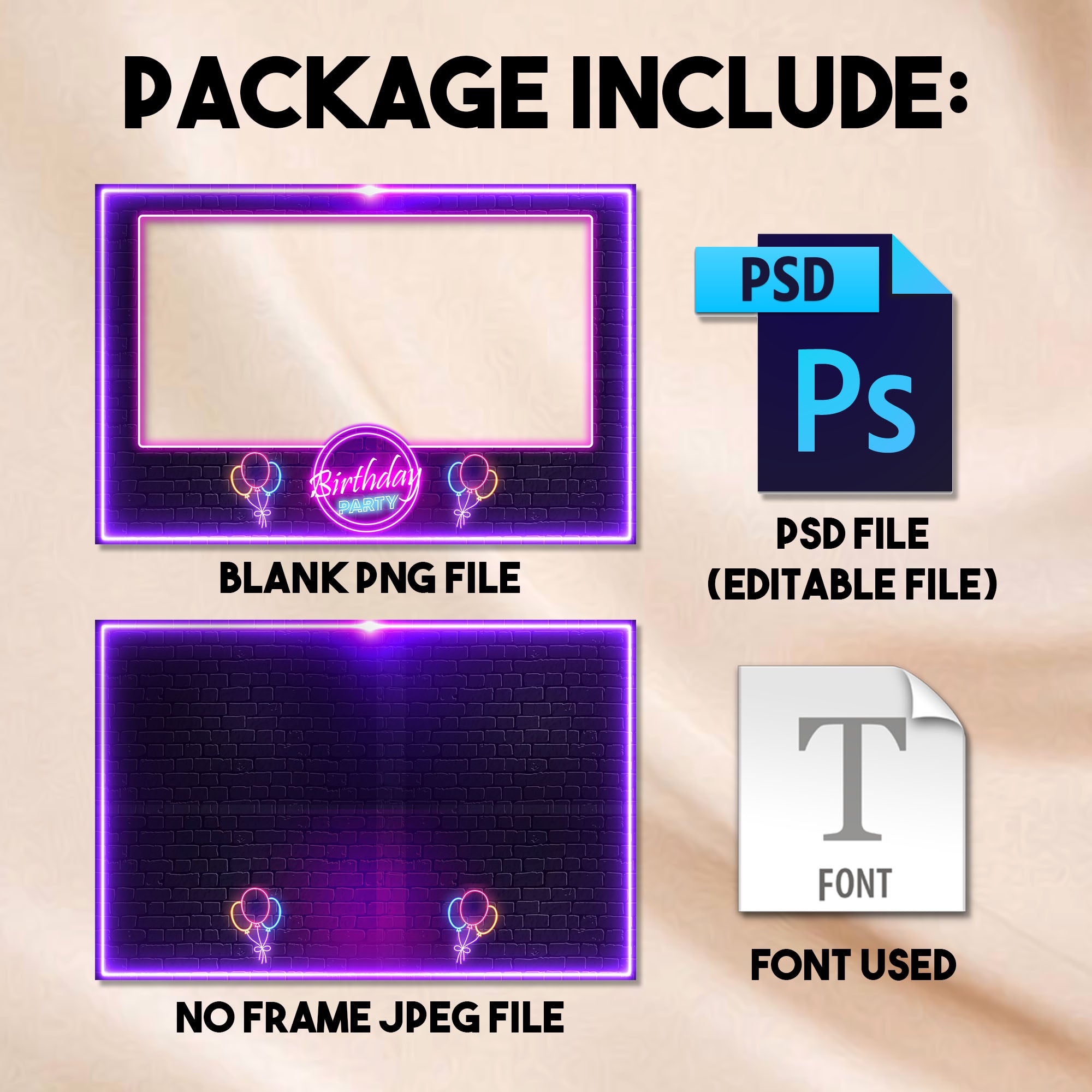 Neon Birthday Photo Booth Template | Landscape Layout | Editable Photoshop Template, Instant Download