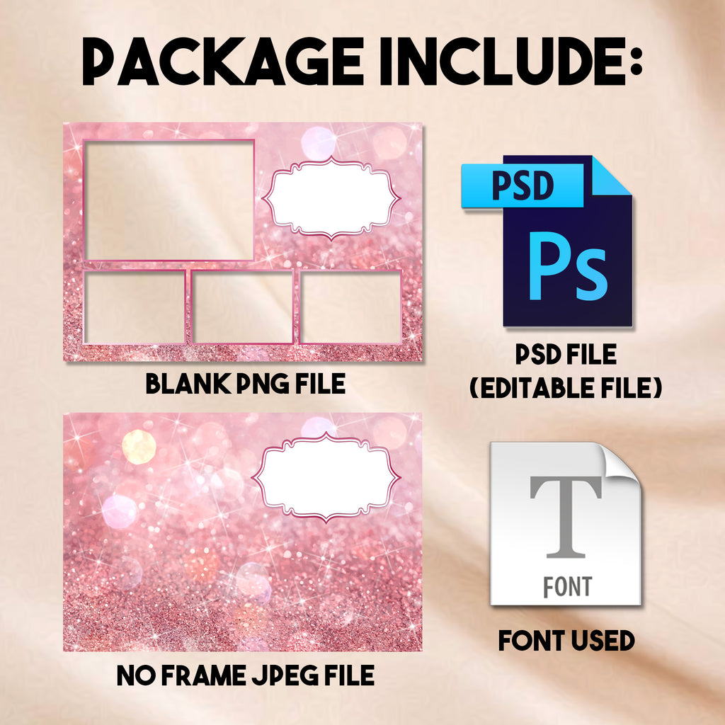 4-photo grid Pink & Rose Gold Quinceañera photo booth template preview with pink glitter background