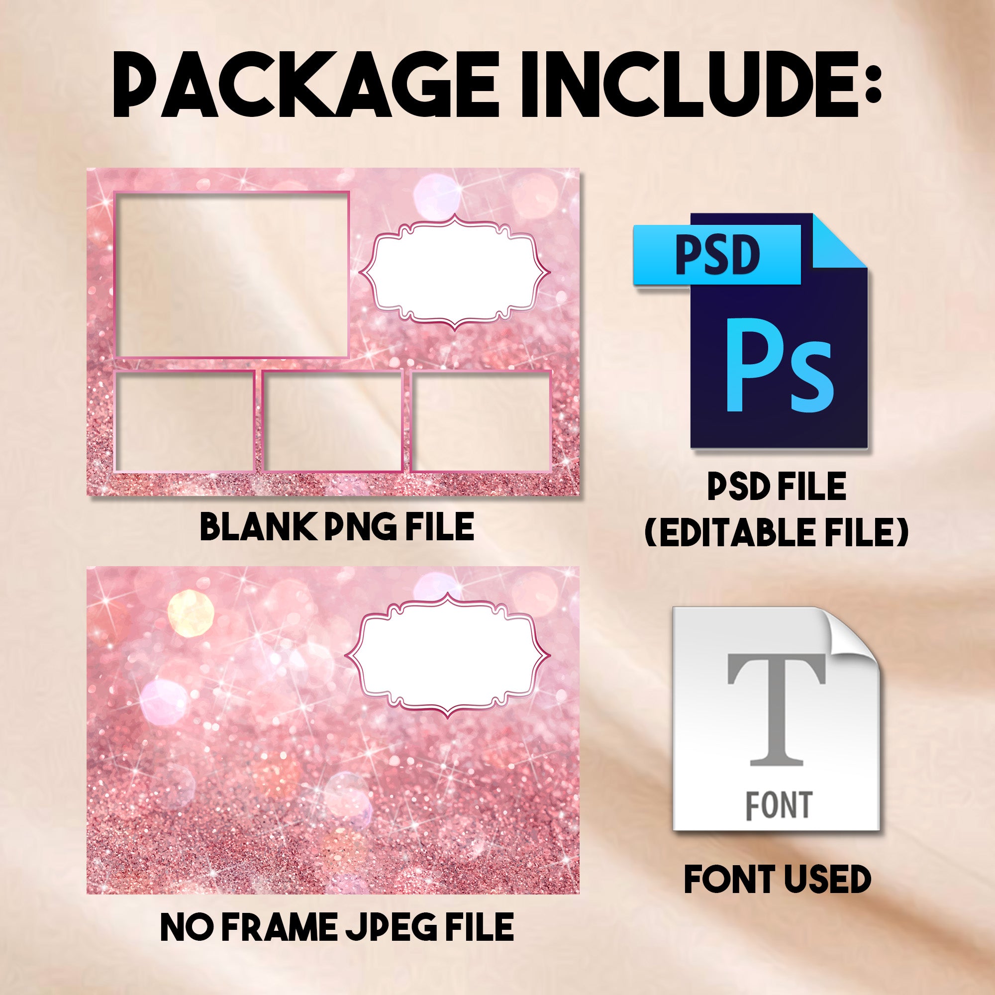 4-photo grid Pink & Rose Gold Quinceañera photo booth template preview with pink glitter background