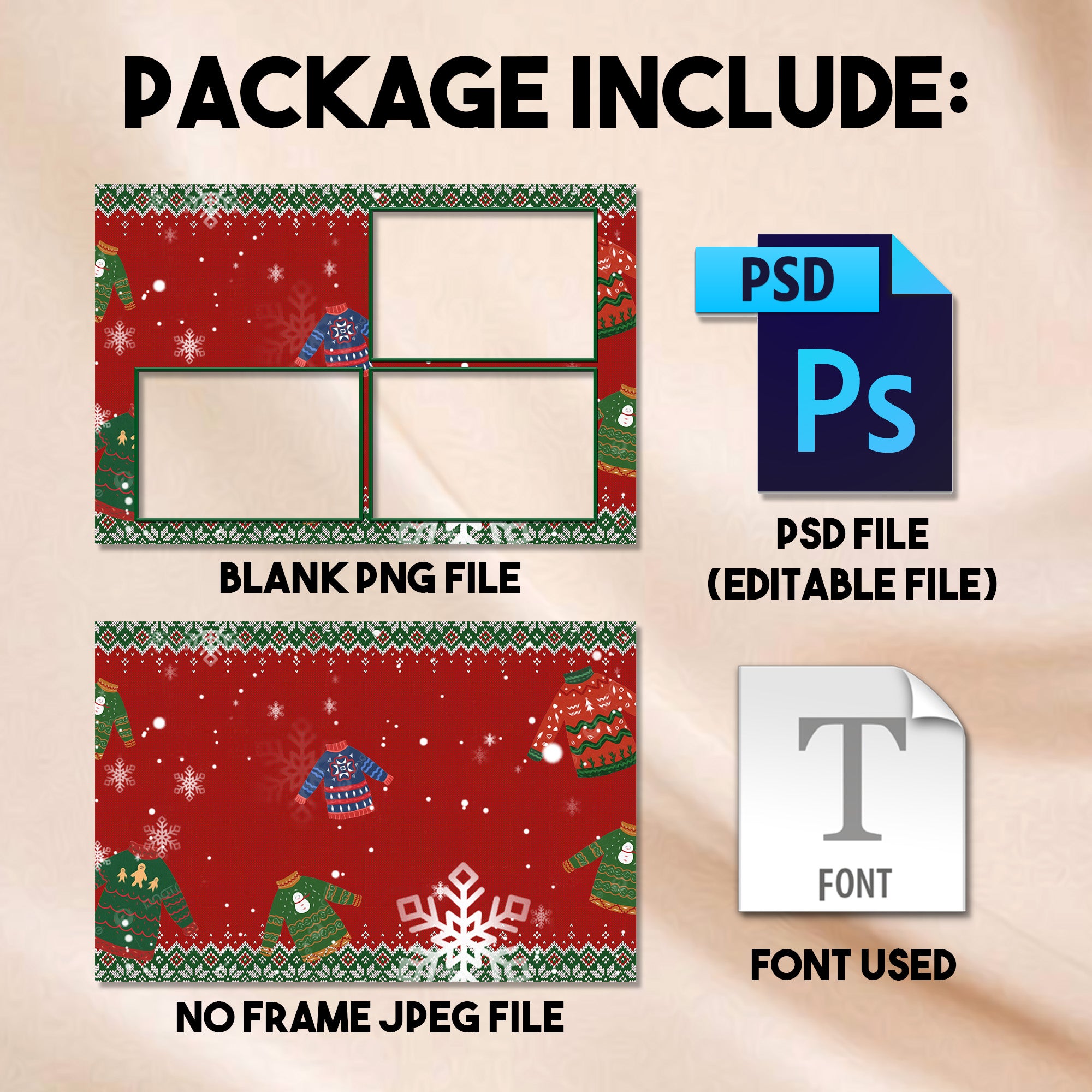 4-photo grid Ugly Sweater Holiday Party photo booth template preview with red knit pattern border
