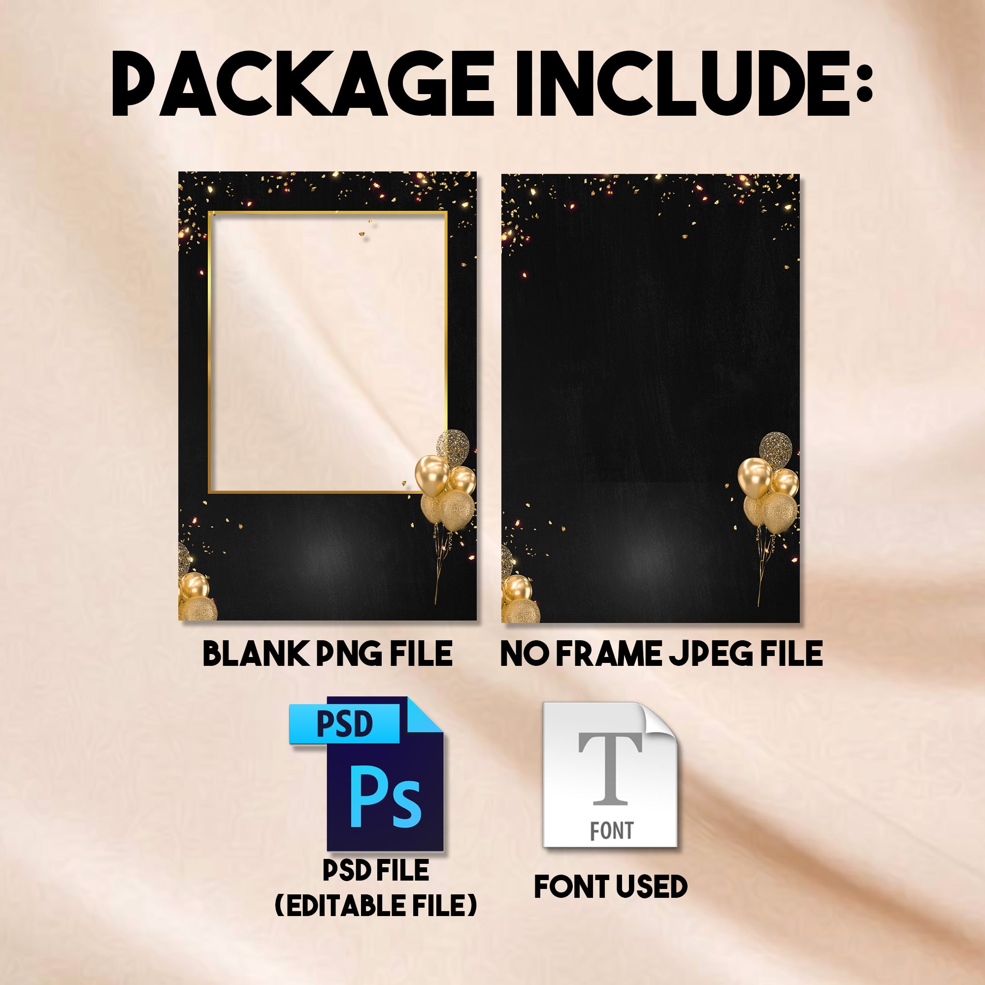 50th Birthday Photo Booth Template | Single Photo Portrait Layout | Black & Gold Diamond Design, Editable Photoshop Template