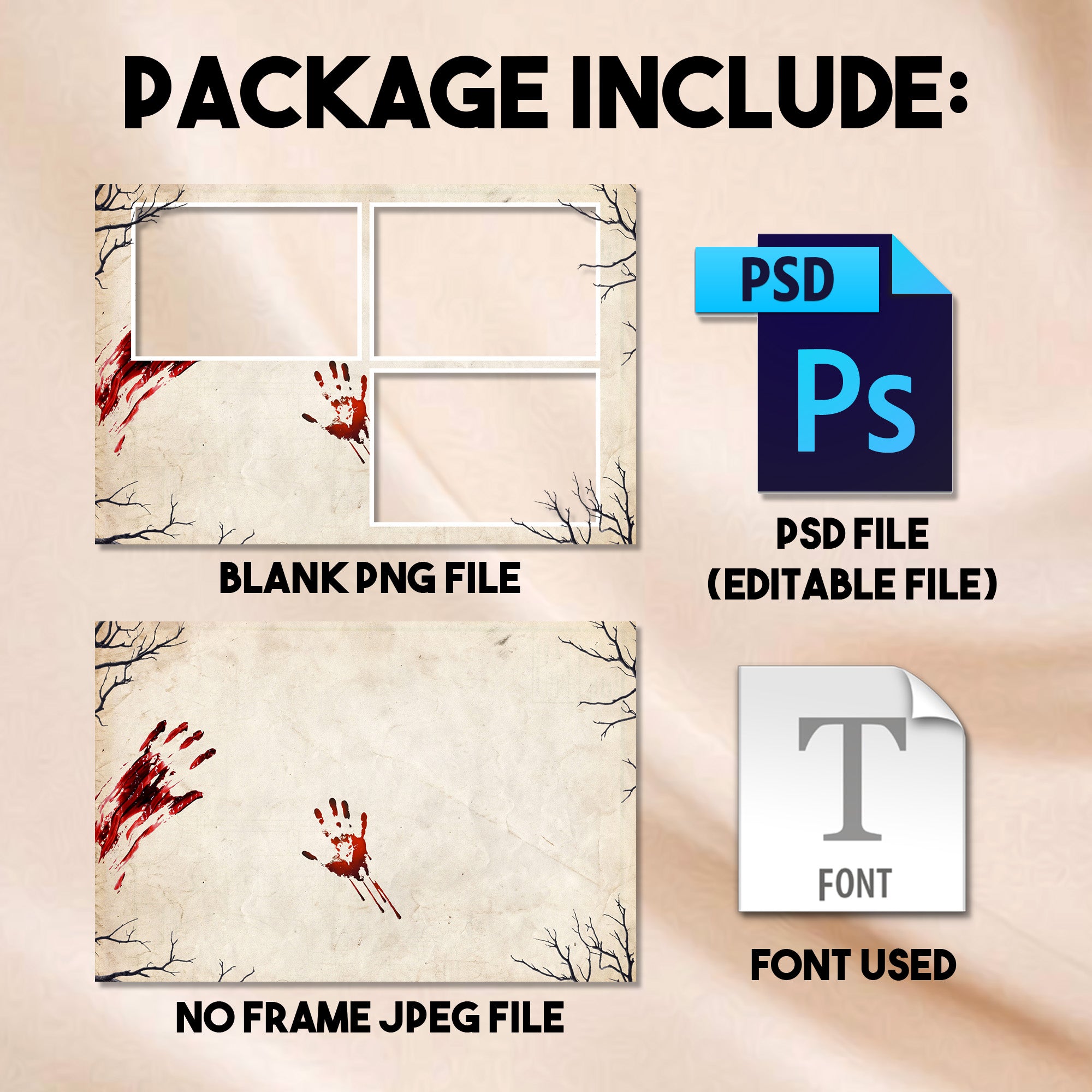 Close-up of the Vintage Parchment Halloween collage photo booth template showing the bold distressed Happy Halloween title text and editable host name and date fields