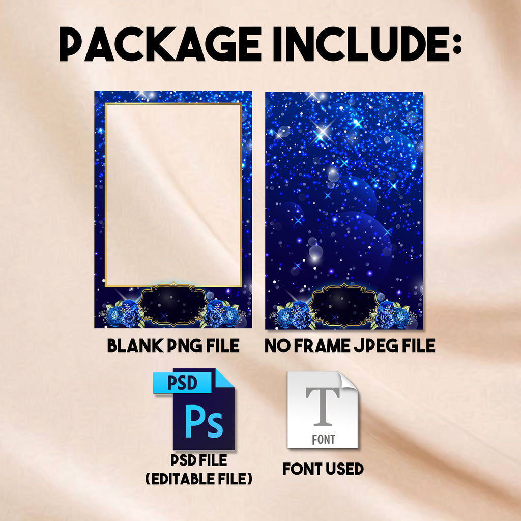 4x6 portrait Royal Blue Quinceañera photo booth template preview with royal blue sparkle background