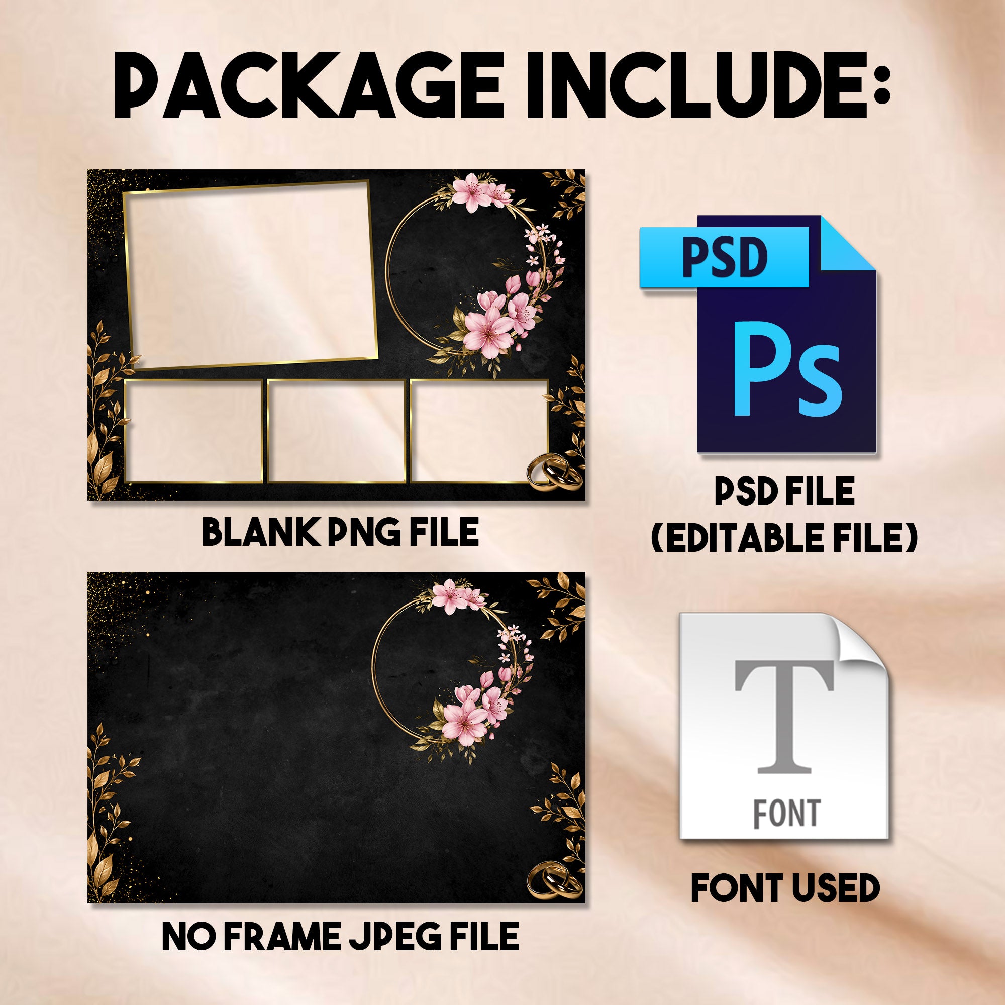 4-photo grid Black & Gold Floral Wedding photo booth template preview with black and gold background