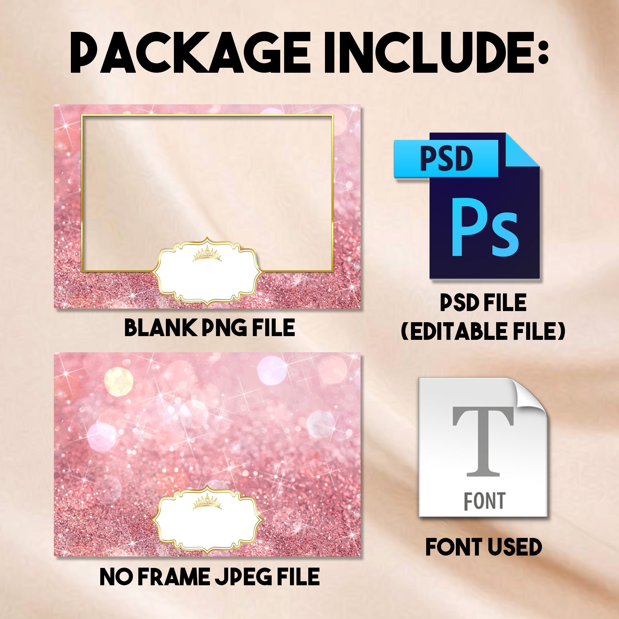 4x6 landscape Pink & Rose Gold Quinceañera photo booth template preview with pink glitter background