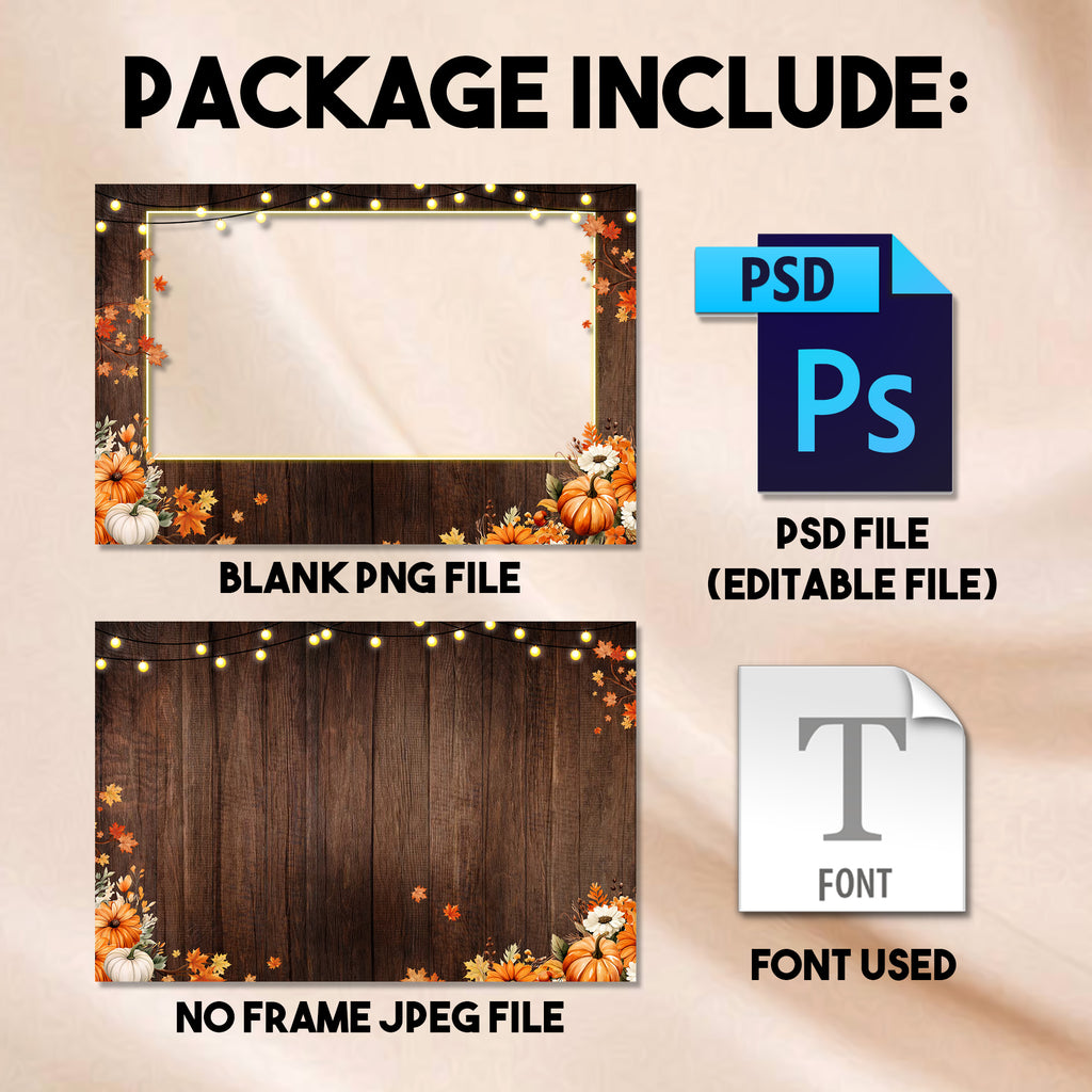 Thanksgiving Photo Booth Template | Landscape Layout | Rustic Wood with Fall Leaves & Pumpkins, 4x6 Photobooth Template