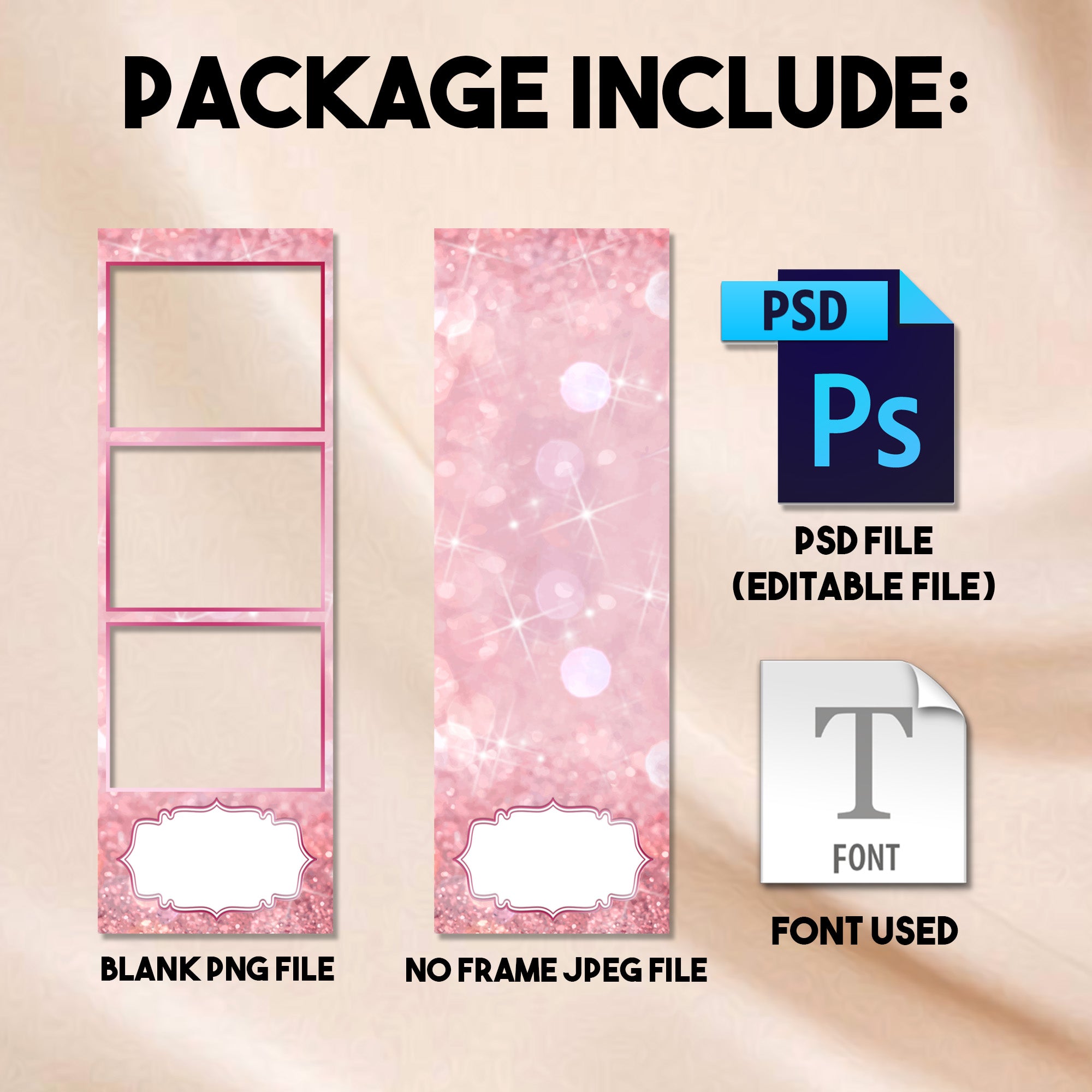 2x6 photo strip Pink & Rose Gold Quinceañera photo booth template preview with pink glitter background