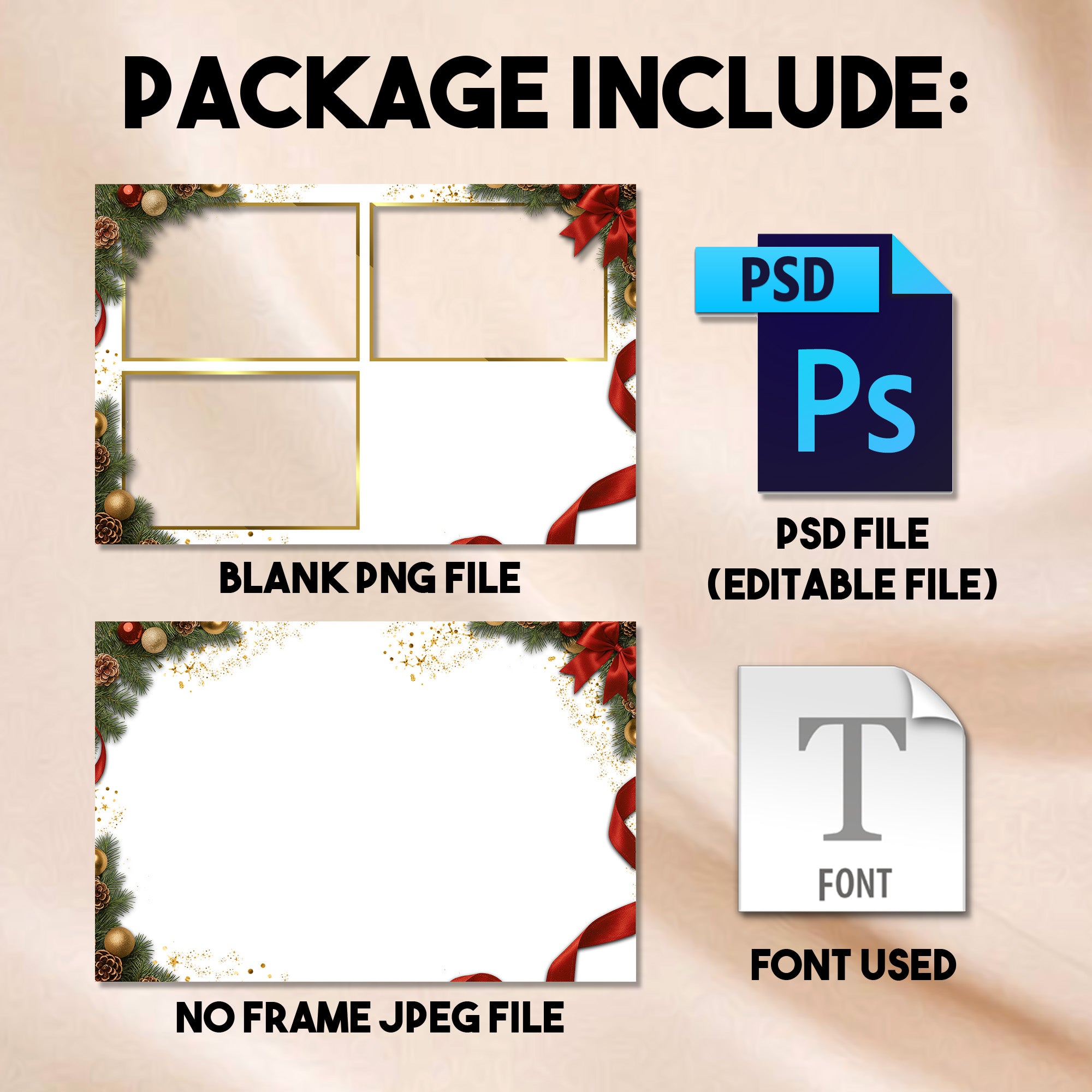 4-photo collage Christmas photo booth template mockup with red bow and pinecones