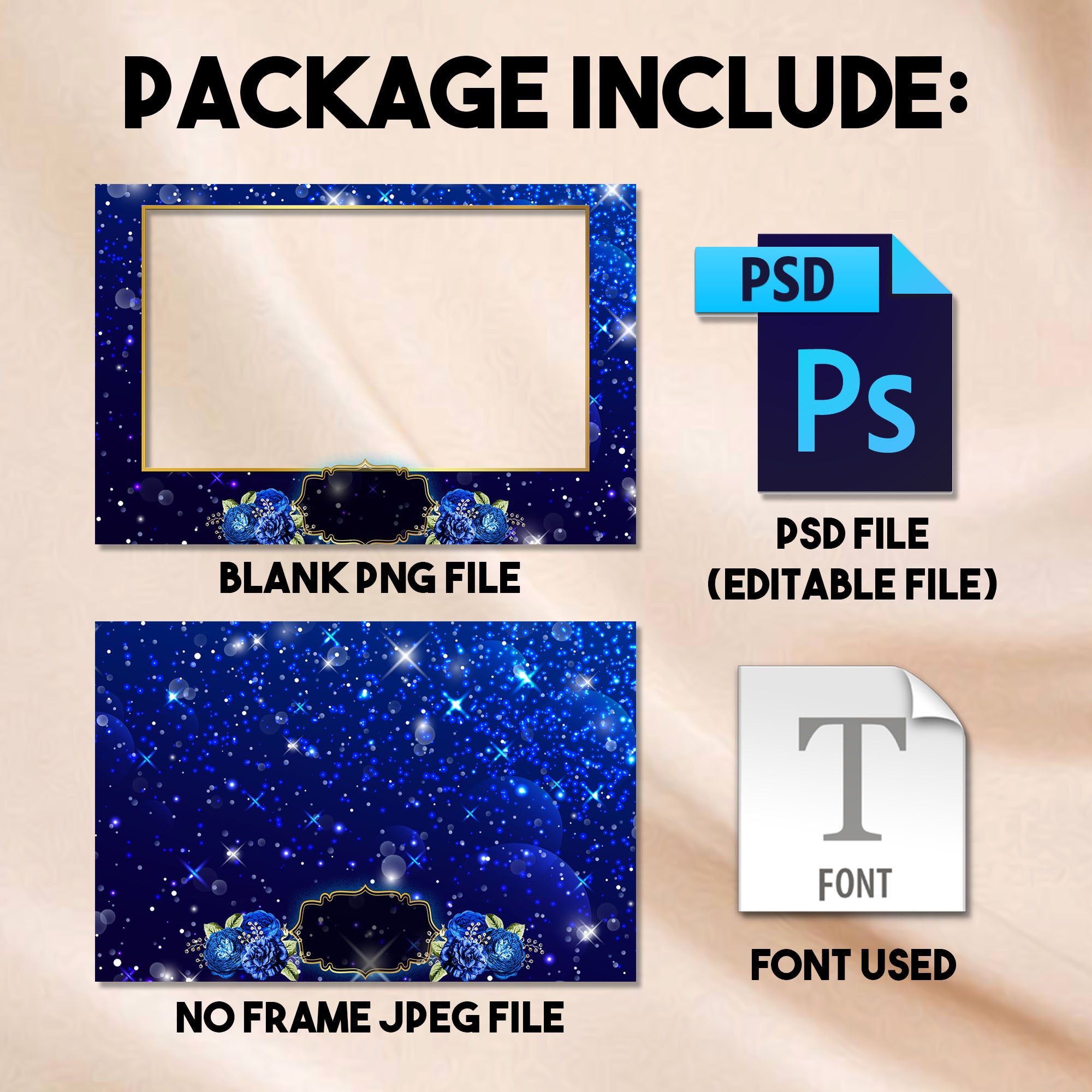 4x6 landscape Royal Blue Quinceañera photo booth template preview with royal blue sparkle background