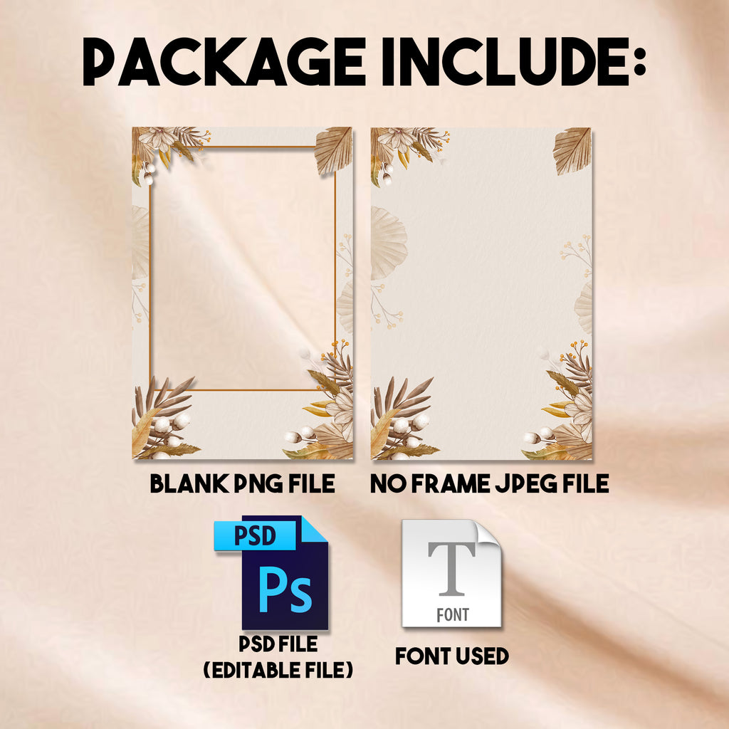 4x6 portrait Boho Wedding photo booth template preview with cream and dried palm background