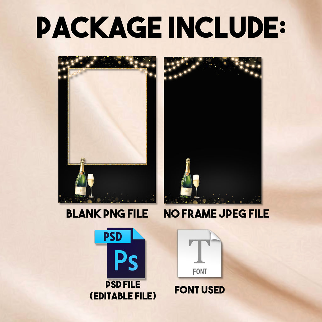 Close-up of the Cheers to the New Year portrait photo booth template showing the gold script text and champagne bottle graphic