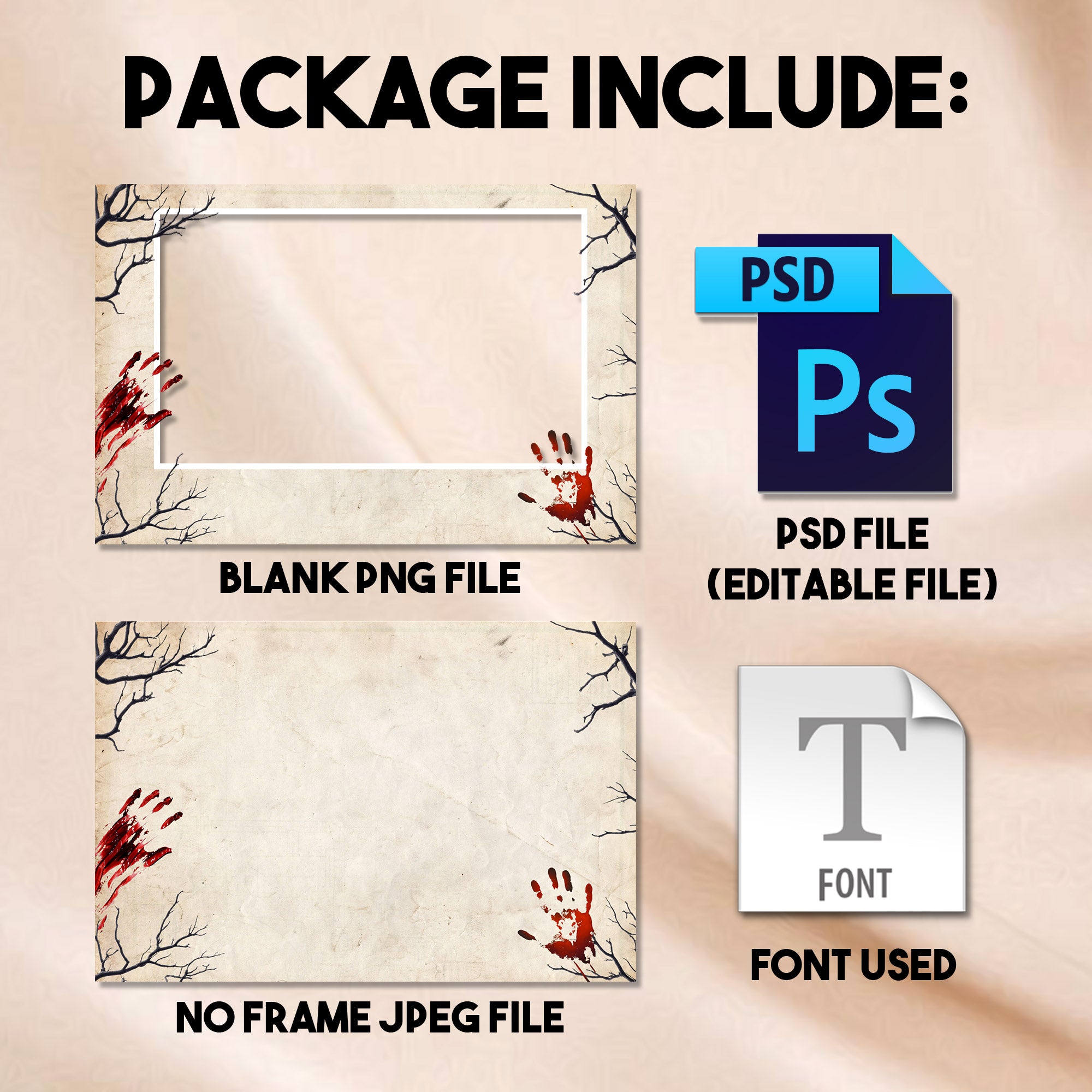 Close-up of the Vintage Parchment Halloween landscape photo booth template showing the bold distressed Happy Halloween title text and bloody handprint accents