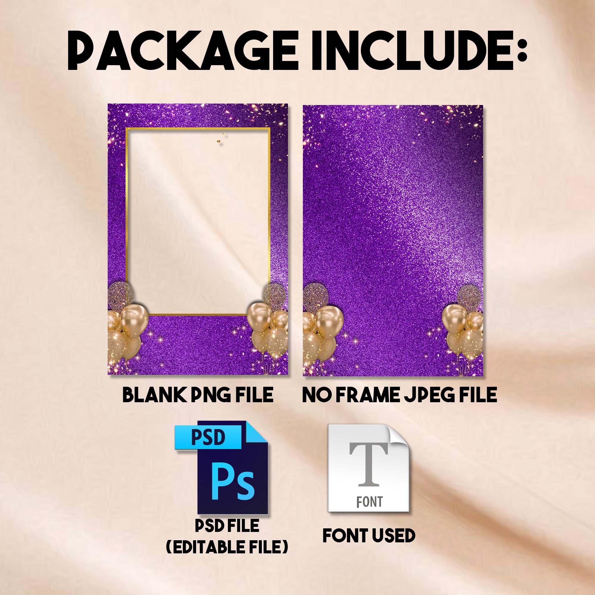 Close-up of the Purple & Gold Birthday portrait photo booth template showing the editable host name, birthday age number, and date text