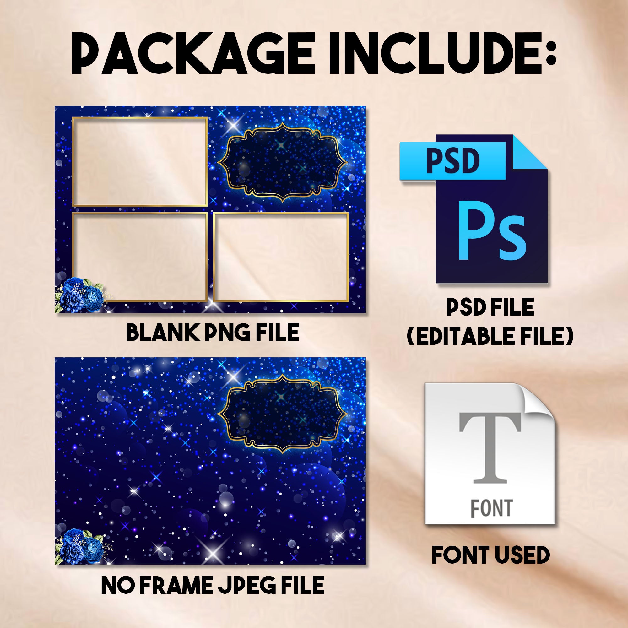 3-photo landscape collage Royal Blue Quinceañera photo booth template preview with royal blue sparkle background