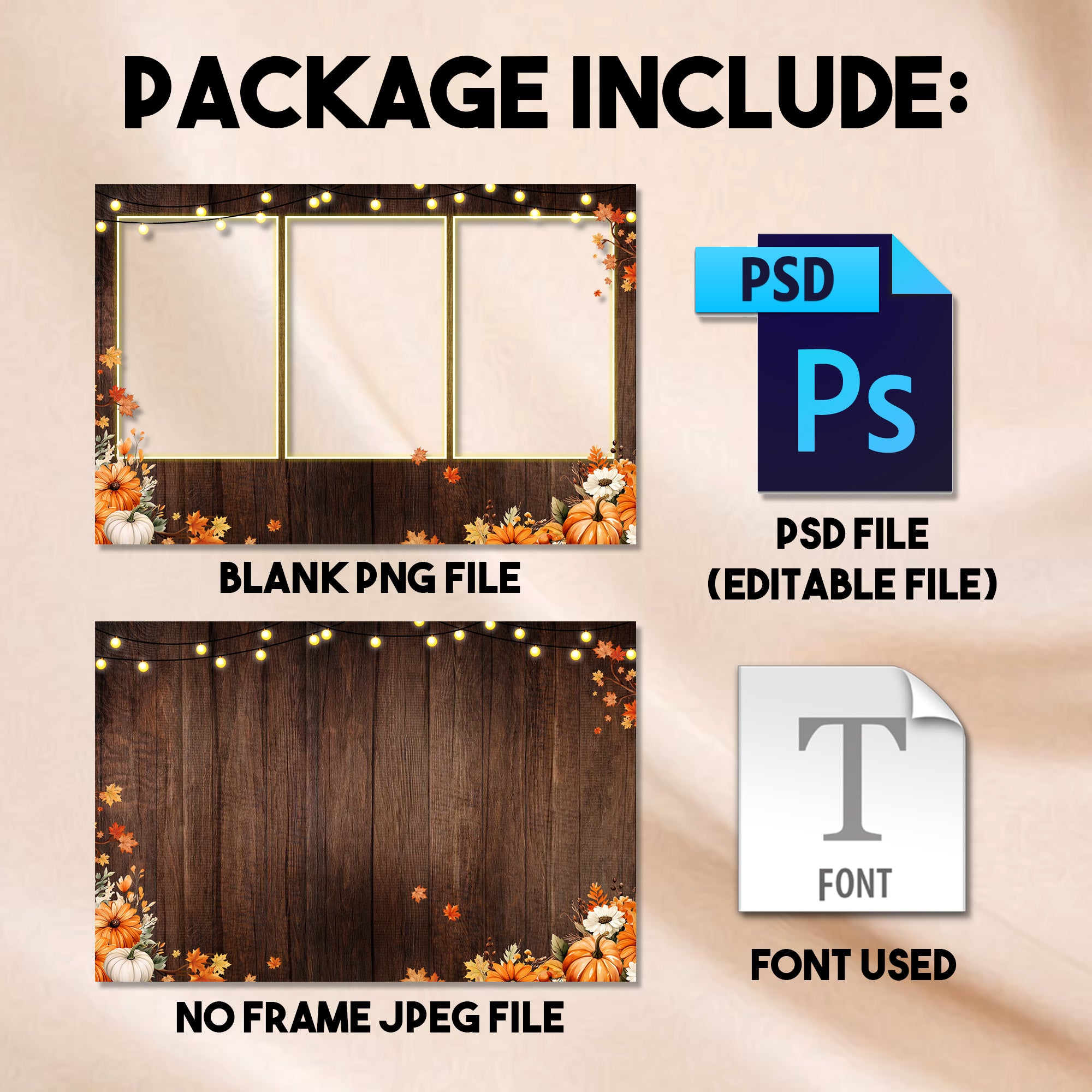 Thanksgiving Photo Booth Template | 3-Photo Landscape Collage | Rustic Wood with Fall Leaves & Pumpkins, 4x6 Photobooth Template