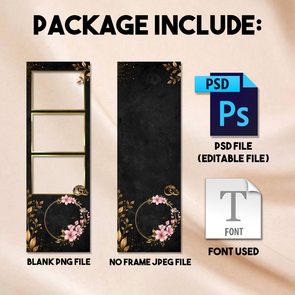 2x6 photo strip Black & Gold Floral Wedding photo booth template preview with black and gold background