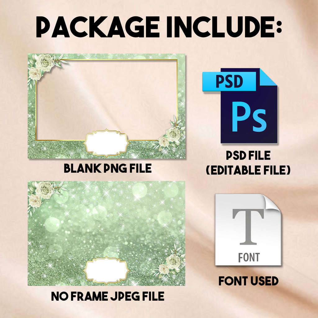 Quinceañera Photo Booth Template | Landscape Layout | Sage Green & Gold Floral with Crown Badge, Editable Photoshop Template