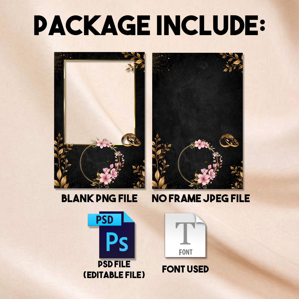 4x6 portrait Black & Gold Floral Wedding photo booth template preview with black and gold background