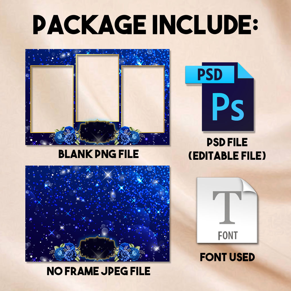 3-photo portrait collage Royal Blue Quinceañera photo booth template preview with royal blue sparkle background