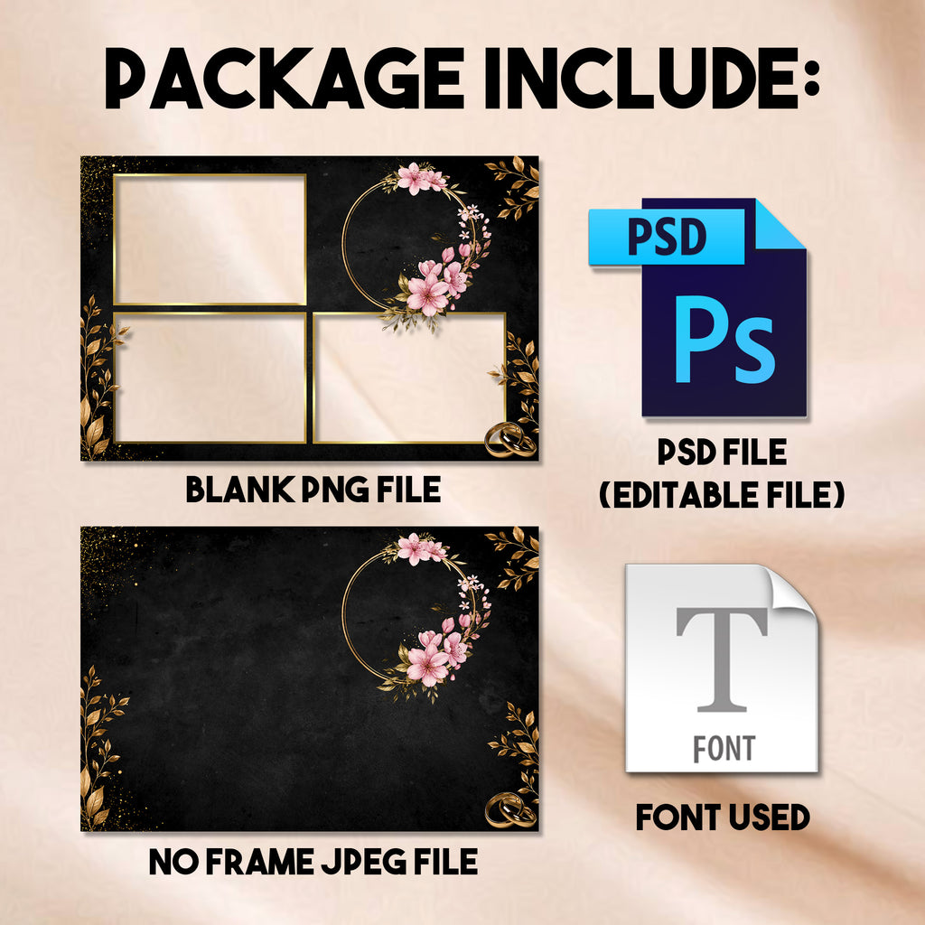 3-photo collage Black & Gold Floral Wedding photo booth template preview with black and gold background