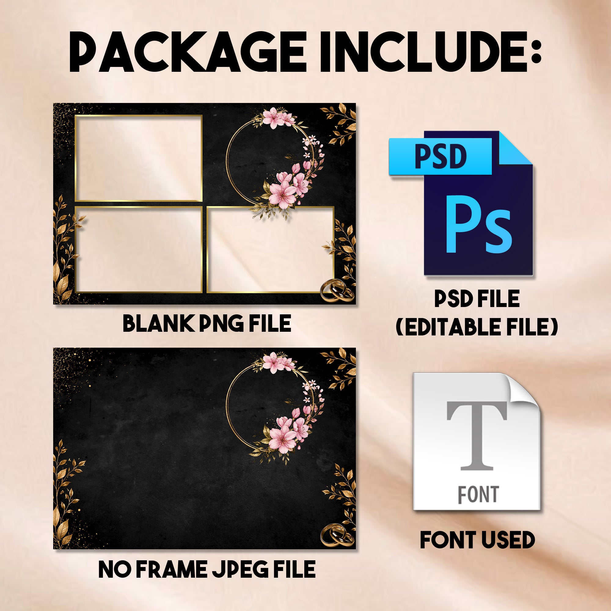 3-photo collage Black & Gold Floral Wedding photo booth template preview with black and gold background