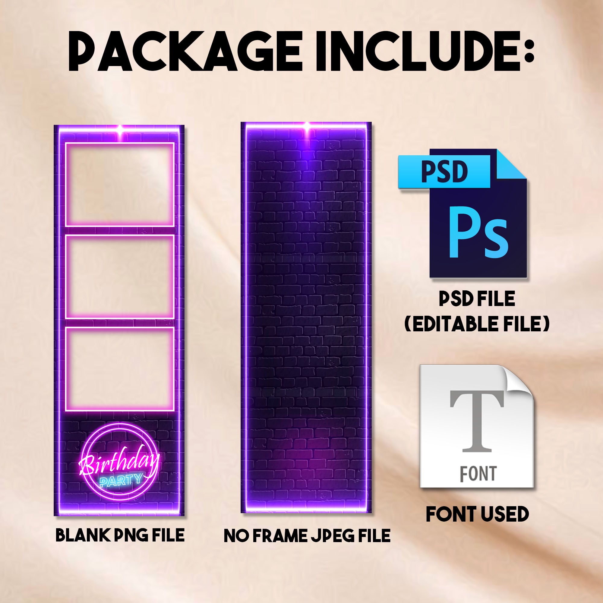 Neon Birthday Photo Booth Template | 3-Photo Strip Layout | Editable Photoshop Template, Instant Download