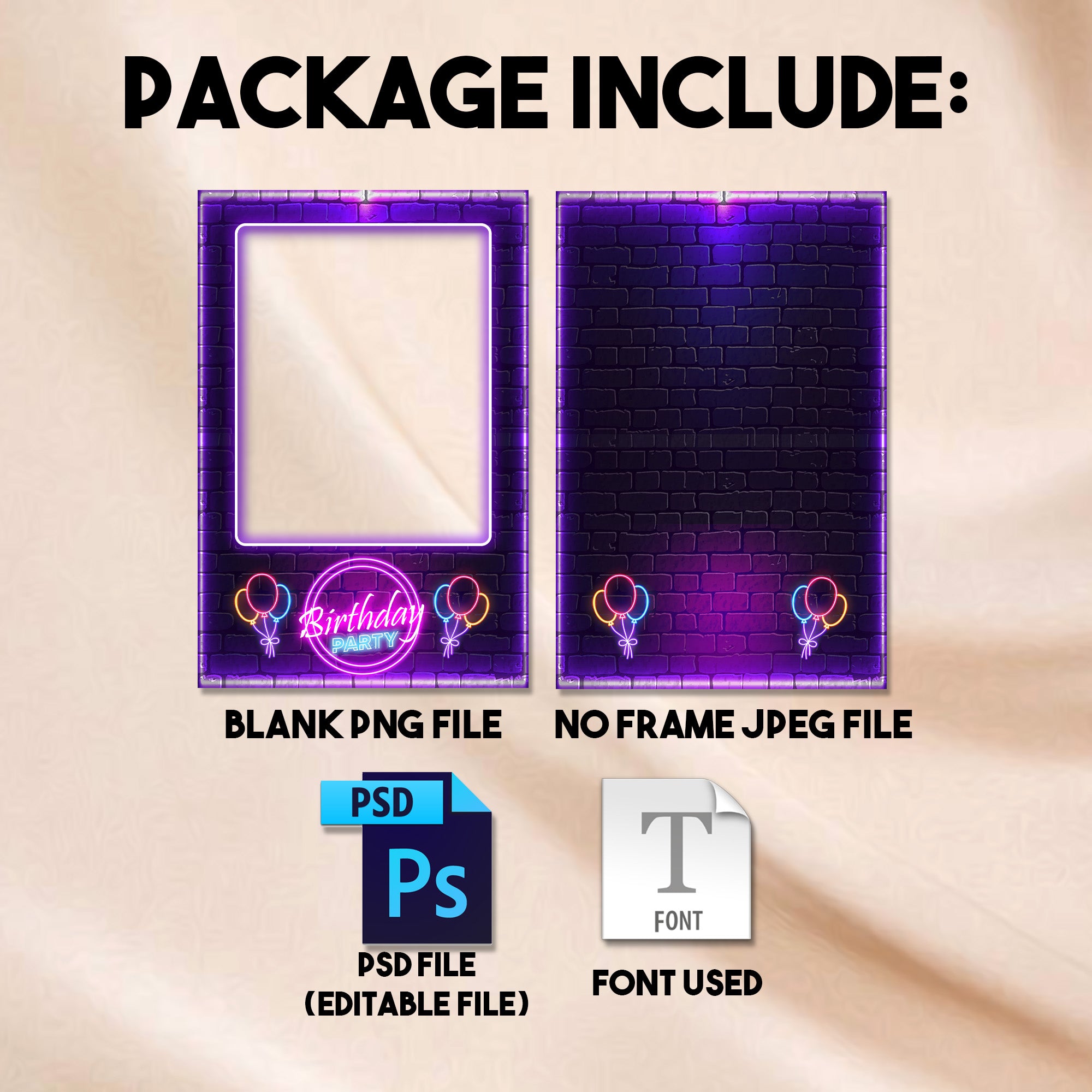 Neon Birthday Photo Booth Template | Single Photo Portrait Layout | Editable Photoshop Template, Instant Download