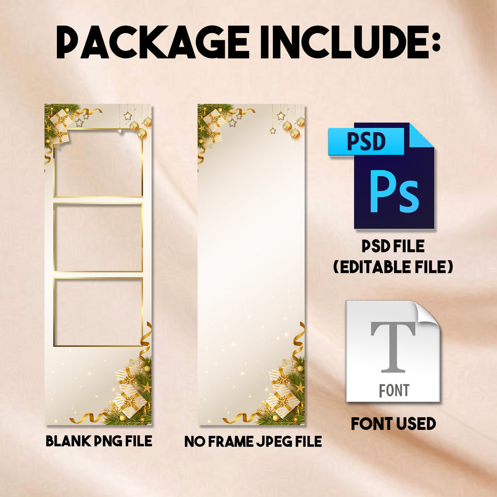 2x6 photo strip Merry Christmas photo booth template preview with ivory and gold background