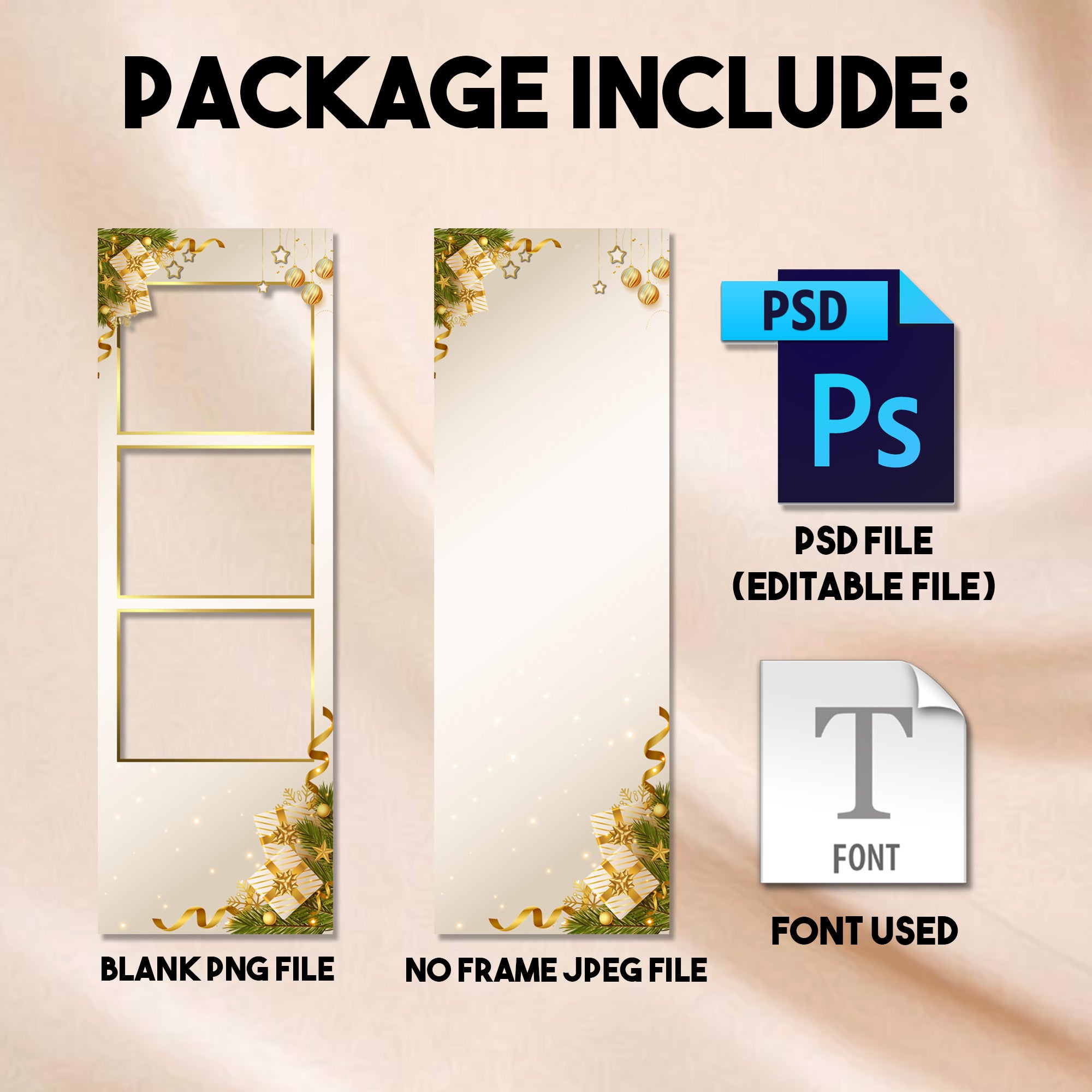 2x6 photo strip Merry Christmas photo booth template preview with ivory and gold background