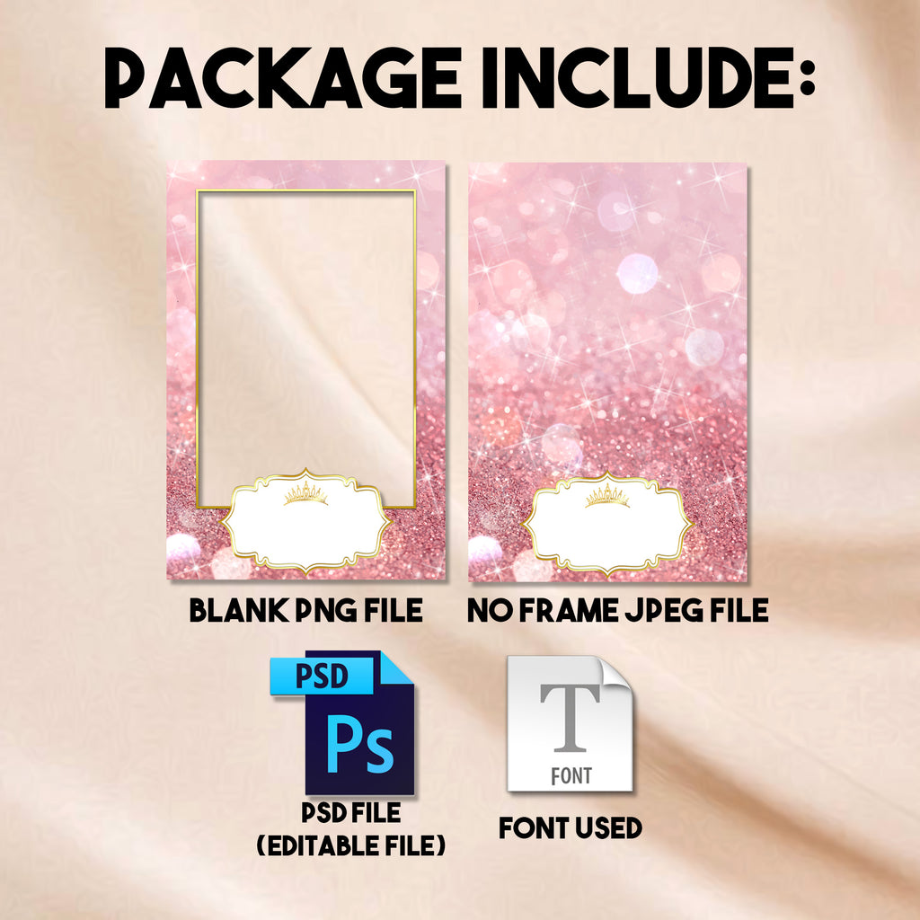 4x6 portrait Pink & Rose Gold Quinceañera photo booth template preview with pink glitter background