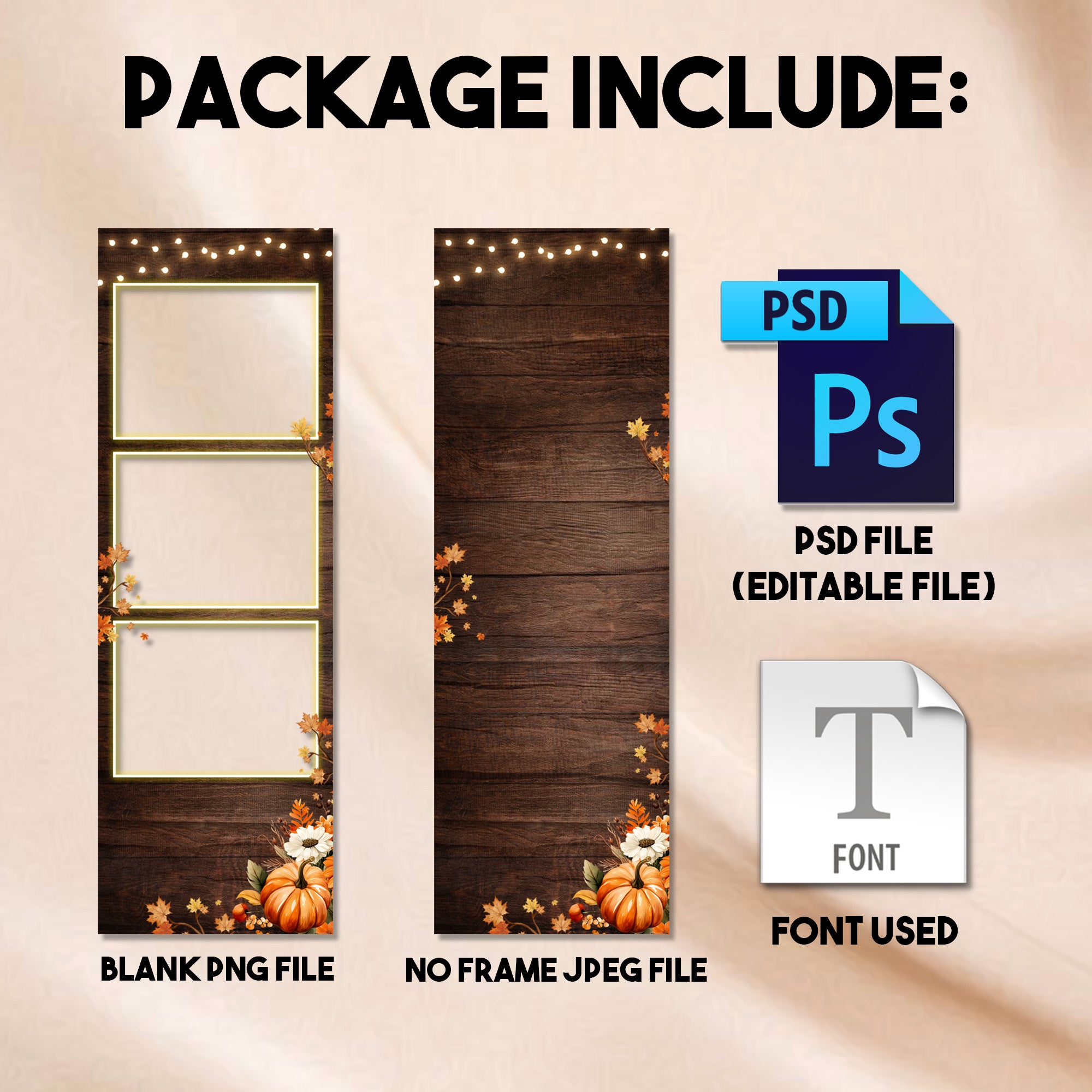 Thanksgiving Photo Booth Strip Template | Rustic Wood with Fall Leaves & Pumpkins | 2x6 Photostrip Template, Instant Download