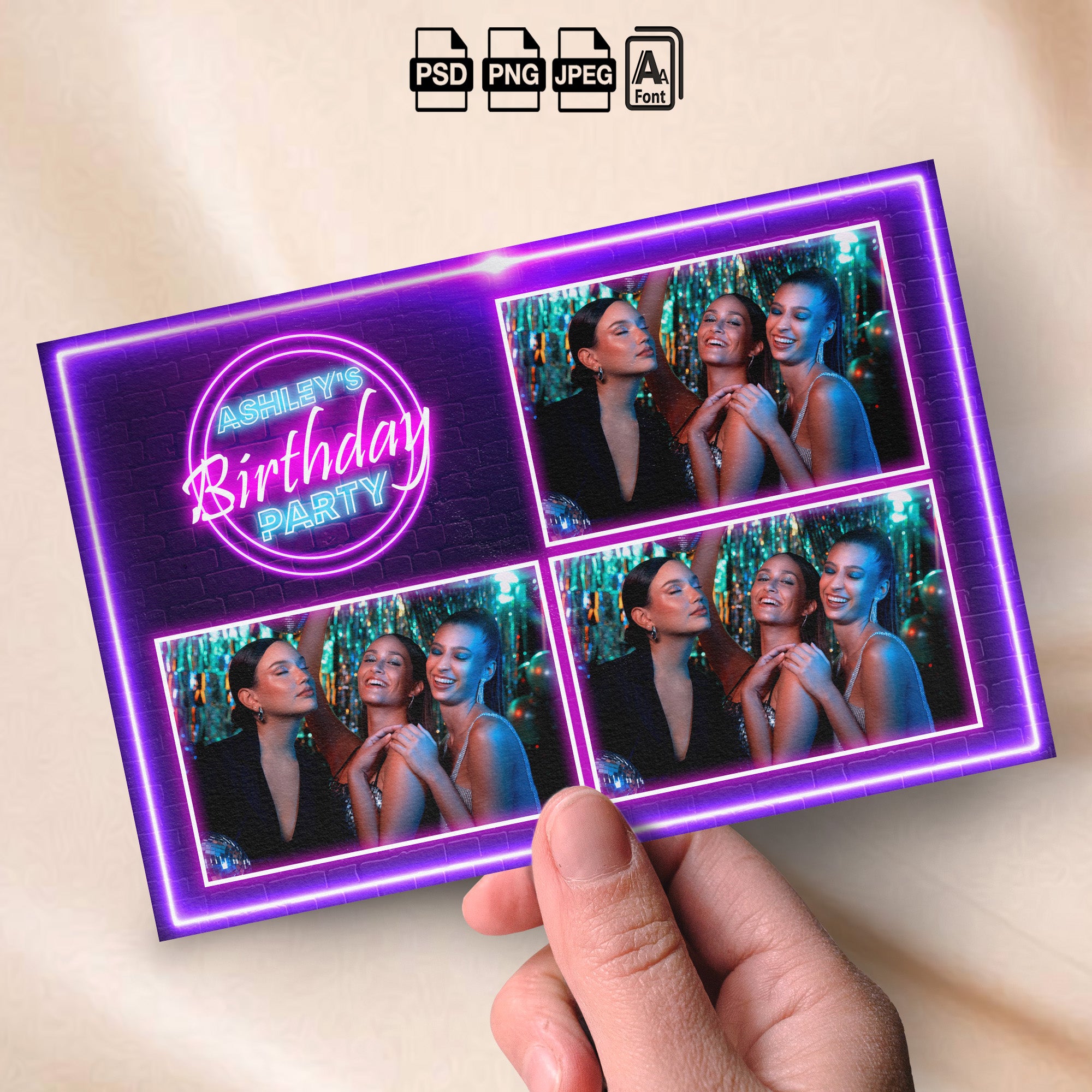 Neon Glow Party Photo Booth Template Bundle | Neon Brick Wall with Glowing Balloons | Multiple Layouts, Editable Photoshop Templates, Instant Download