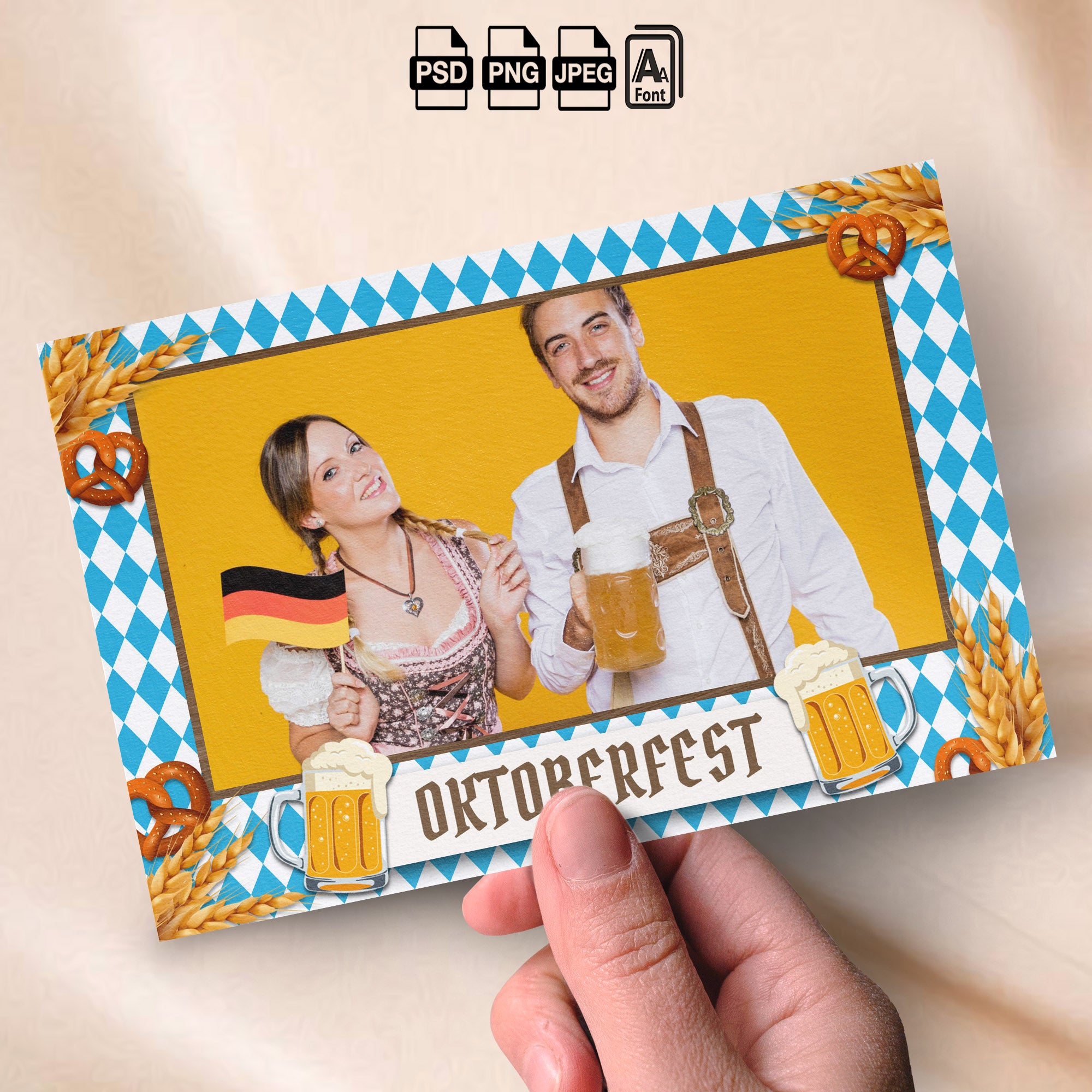 Oktoberfest Photo Booth Template | 4x6 Landscape Layout with Beer Mug Banner | Editable Photoshop Template, Instant Download