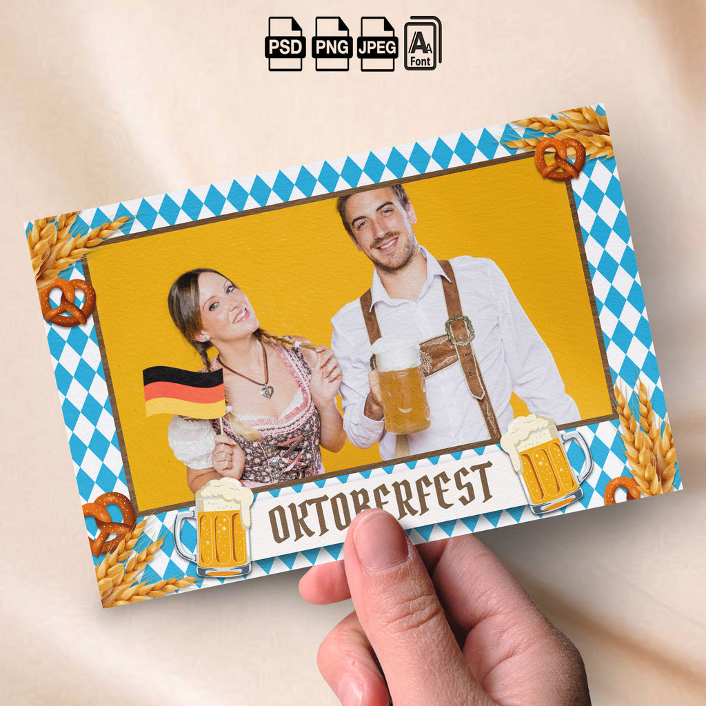 Oktoberfest Photo Booth Template Bundle | Bavarian Blue & White Design | Multiple Layouts, Editable Photoshop Templates, Instant Download