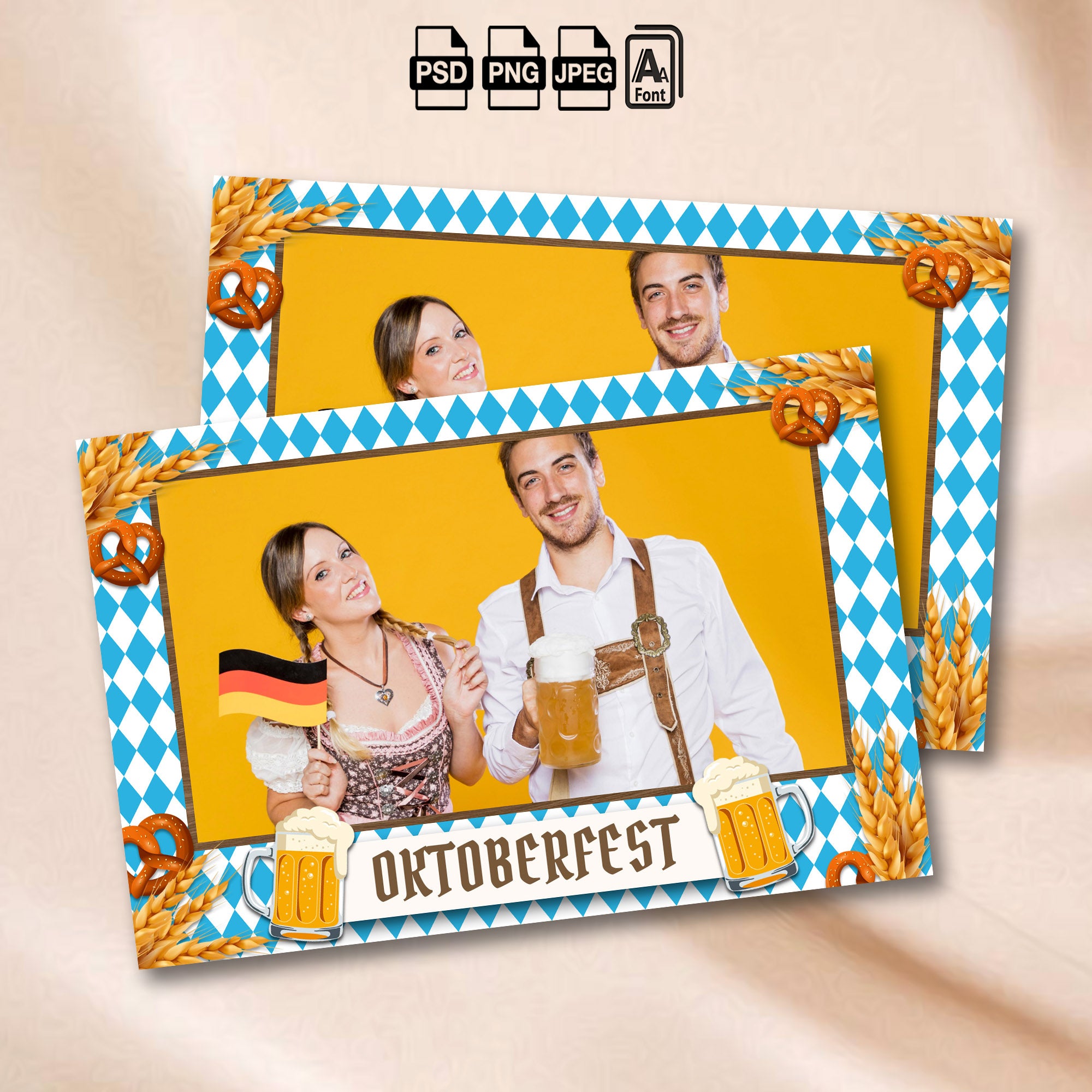 Oktoberfest Photo Booth Template | 4x6 Landscape Layout with Beer Mug Banner | Editable Photoshop Template, Instant Download