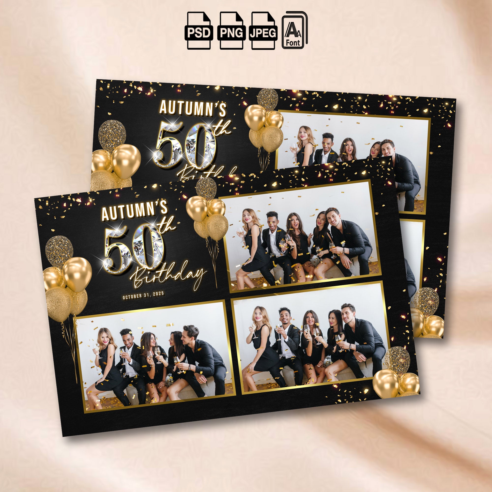 50th Birthday Photo booth Template |  Black and Gold 4x6 Postcard Overlay | Golden Birthday Photo Booth Template