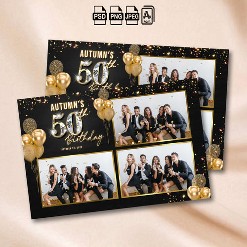 50th Birthday Photo booth Template |  Black and Gold 4x6 Postcard Overlay | Golden Birthday Photo Booth Template