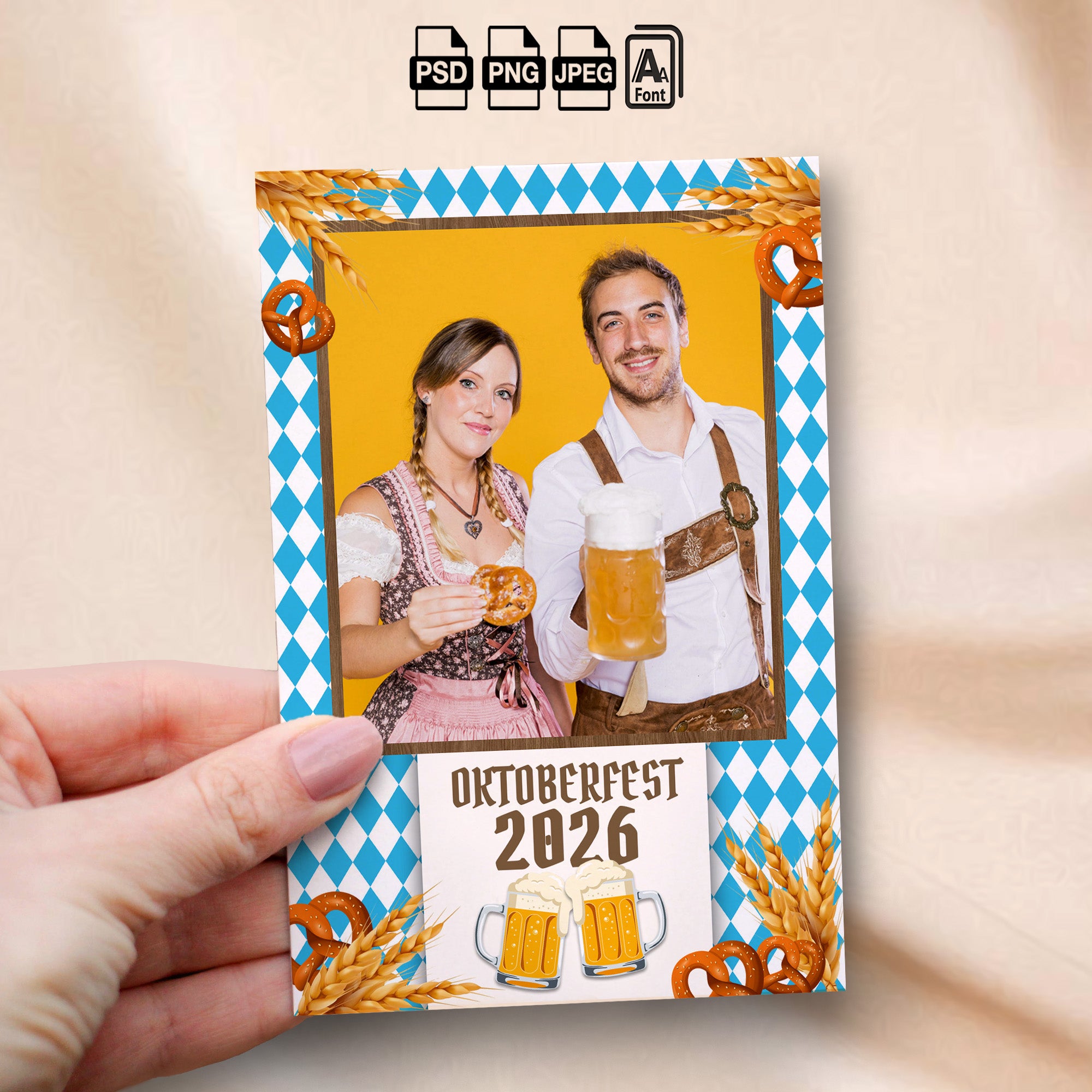 Oktoberfest Photo Booth Template | Single Photo 4x6 Portrait Layout | Bavarian Blue & White Design, Editable Photoshop Template