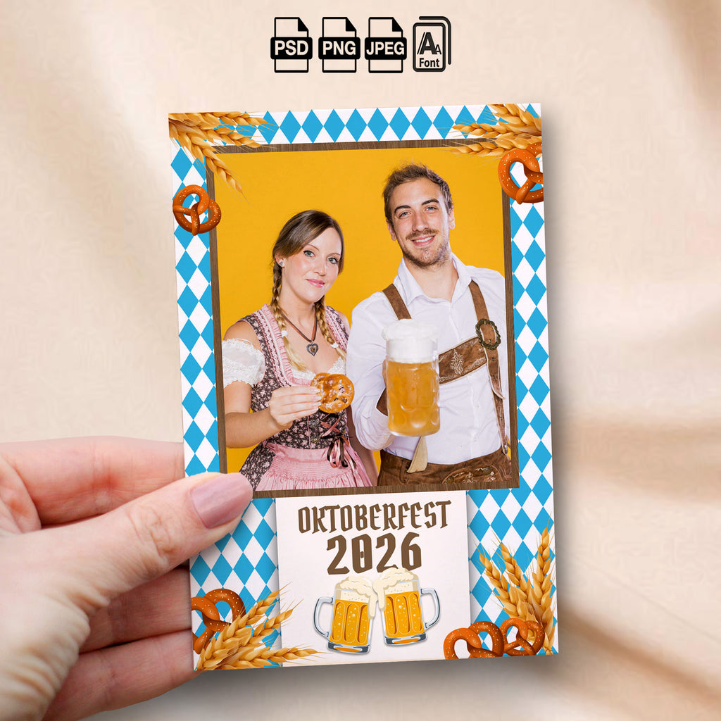Oktoberfest Photo Booth Template Bundle | Bavarian Blue & White Design | Multiple Layouts, Editable Photoshop Templates, Instant Download