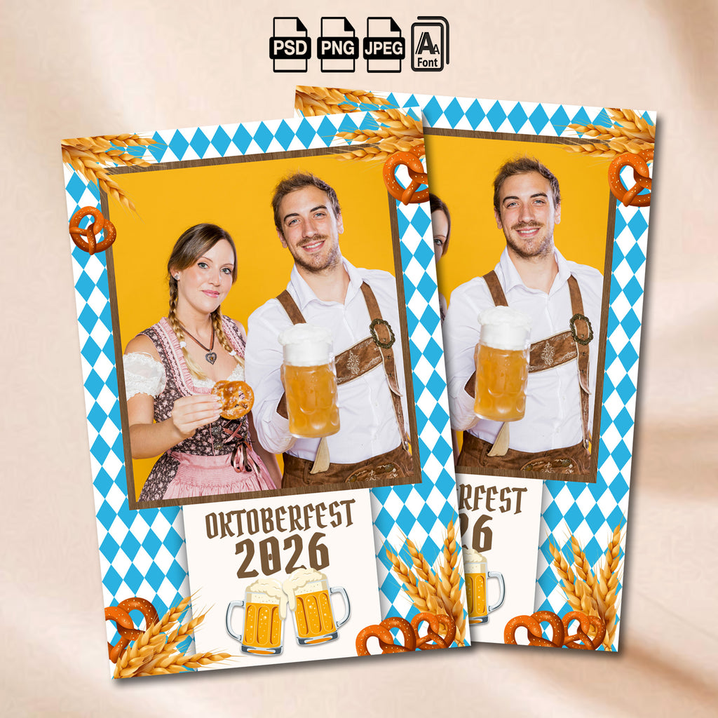 Oktoberfest Photo Booth Template | Single Photo 4x6 Portrait Layout | Bavarian Blue & White Design, Editable Photoshop Template